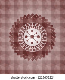 business network icon inside red emblem or badge with abstract geometric pattern background. Seamless.