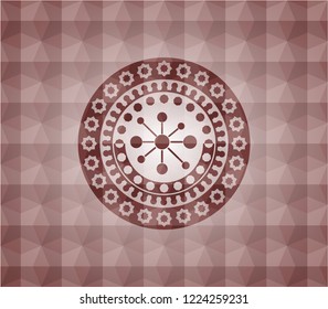 business network icon inside red seamless emblem or badge with abstract geometric pattern background.