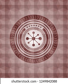 business network icon inside red seamless emblem or badge with geometric pattern background.