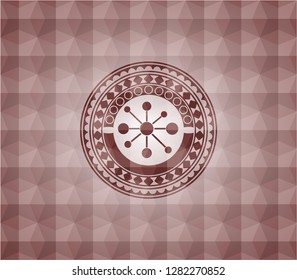 business network icon inside red seamless emblem or badge with geometric pattern background.
