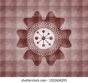business network icon inside red seamless emblem or badge with abstract geometric polygonal pattern background.
