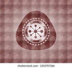 business network icon inside red emblem or badge with abstract geometric polygonal pattern background. Seamless.