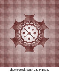 business network icon inside red seamless badge with geometric background.