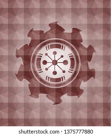 business network icon inside red seamless emblem with geometric pattern background.