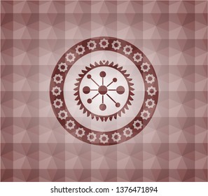 business network icon inside red geometric pattern emblem. Seamless.
