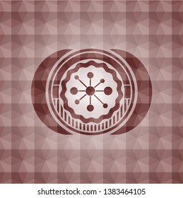 business network icon inside red seamless emblem or badge with abstract geometric pattern background.