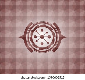 business network icon inside red seamless geometric pattern emblem. Seamless.