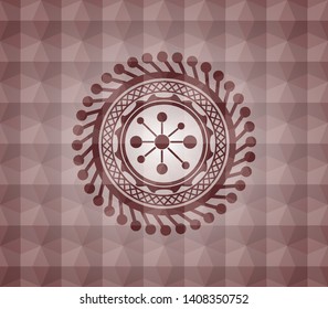 business network icon inside red emblem or badge with abstract geometric pattern background. Seamless.