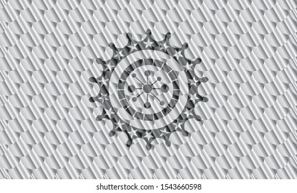 business network icon inside silver color badge or emblem. Scales pattern. Vector Illustration. Detailed.