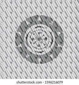 business network icon inside silver badge or emblem. Scales pattern. Vector Illustration. Detailed.