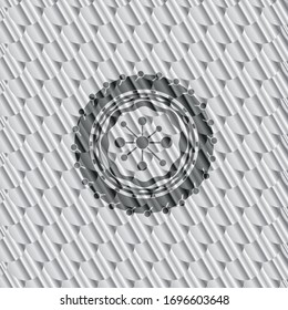 icono de red empresarial dentro del emblema brillante plateado. Patrón de escalas. Ilustración vectorial. Detallado.
