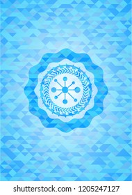 business network icon inside sky blue emblem with triangle mosaic background