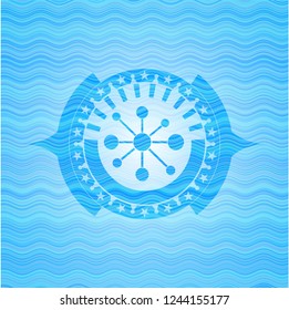 business network icon inside sky blue water wave emblem background.