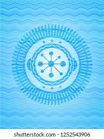 business network icon inside sky blue water wave badge background.