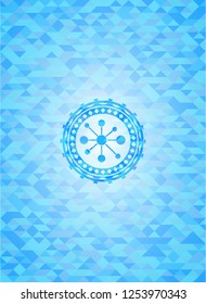 business network icon inside sky blue emblem. Mosaic background