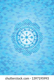 business network icon inside sky blue emblem. Mosaic background