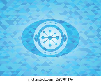 business network icon inside sky blue emblem with triangle mosaic background