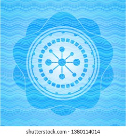 business network icon inside water wave representation badge background.