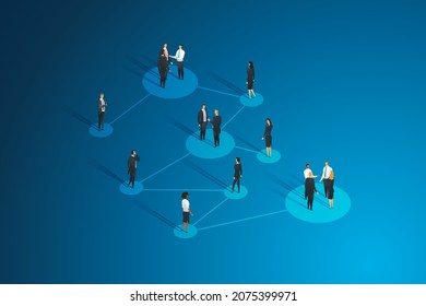 Business Network Layout Communication And Cooperation Of Business People Group Interconnected Teamwork.  Isometric Vector Illustration.