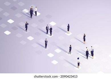 Business network layout communication and cooperation of business people group interconnected teamwork on purple gray background.  isometric vector illustration.