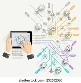 Business network timeline infographic template. Businessman using Tablet. Vector illustration. can be used for workflow layout, banner, diagram, number options, web design.