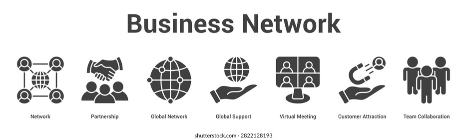 Business Network web banner icon set vector illustration concept for business with icon of Network, Partnership, Global Network, Global Support, Virtual Meeting, Customer Attracti.