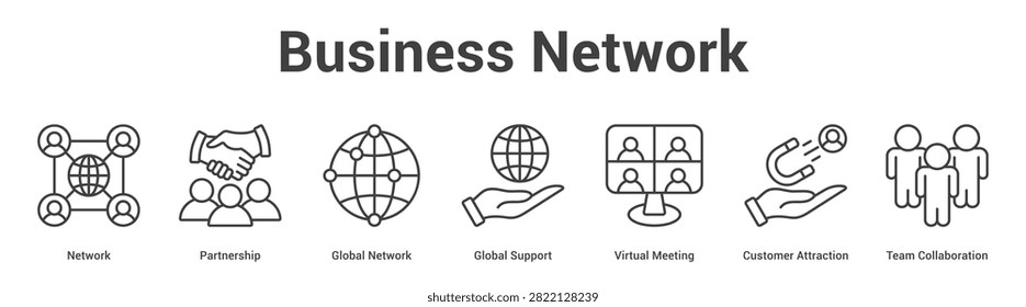 Business Network web banner icon set vector illustration concept for business with icon of Network, Partnership, Global Network, Global Support, Virtual Meeting, Customer Attracti.