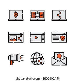 conjunto de iconos de línea de comunicación de red de negocios, símbolo en línea de datos de transferencia de medios, trazo editable