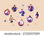 Business Networking Concept. Vector illustration of diverse professionals connected in a business network. Communication, teamwork, collaboration, professional relationships and corporate connections.