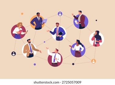Business Networking Concept (Conceito de rede empresarial). Ilustração vetorial de diversos profissionais conectados em uma rede de negócios. Comunicação, trabalho em equipe, colaboração, relações profissionais e conexões corporativas.