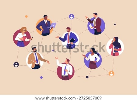Business Networking Concept. Vector illustration of diverse professionals connected in a business network. Communication, teamwork, collaboration, professional relationships and corporate connections.