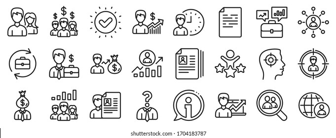 Business networking contract, Job Interview and Head Hunting contract icons. Human Resources, head hunting line icons. CV, Teamwork and Portfolio symbols. Business career, human, interview. Vector - Shutterstock ID 1704183787
