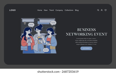 Business networking event illustration shows three people engaging in conversation with speech bubbles in a digital interface. The vector style emphasizes communication and interaction themes.