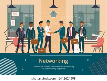 Business Networking Flat Vector Banner Template. Businessmen Shaking Hands on Office Meeting, Business Partners Welcoming Each Other on Negotiation, Congratulating with Successful Deal Illustration
