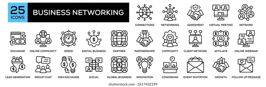 Business Networking icon collection set. Containing design Professional Connections, Networking Event, Handshake Agreement, Virtual Meeting, Referral Network