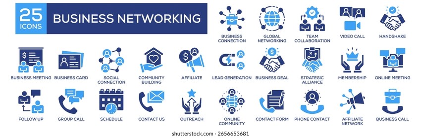 Business Networking icon set. Containing design Business Connection, Global Networking, Team Collaboration, Video Call, Handshake. Solid icon collection.