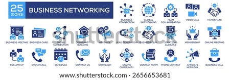 Business Networking icon set. Containing design Business Connection, Global Networking, Team Collaboration, Video Call, Handshake. Solid icon collection.