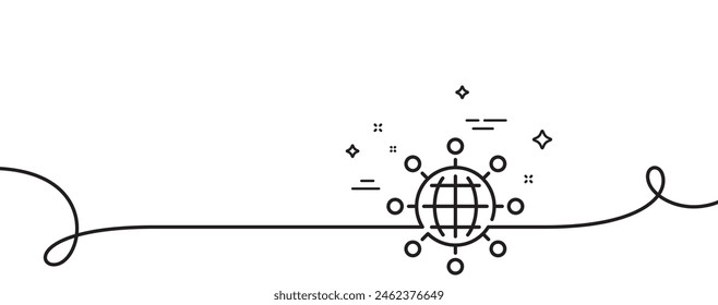 Icono de línea de red empresarial. Una línea continua con rizo. Símbolo de trabajo internacional. Signo de comunicación global. Cinta de contorno único de globo internacional. Patrón de curva de bucle. Vector