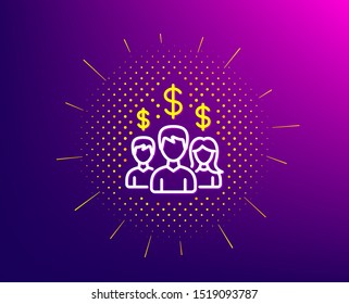 Business networking line icon. Halftone pattern. Group of people with Dollar signs. Gradient background. Salary employees line icon. Yellow halftone pattern. Vector