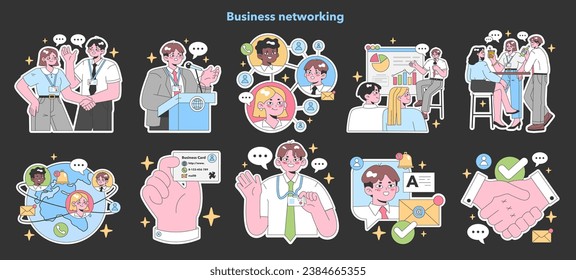 Business networking set. Professionals connect and share insights. Meeting at conferences, global outreach, and effective communication. Building trust, exchanging cards, digital contact.