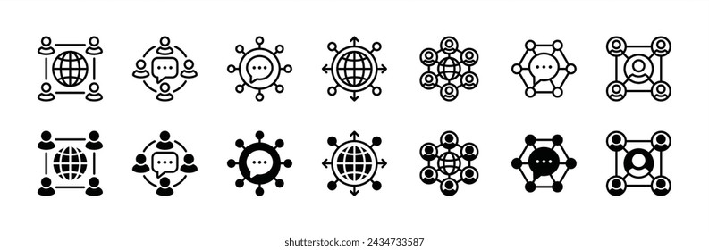 Business networking thin line icon set. Containing network, global connection, community, relationship, social media communication. Vector illustration