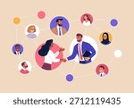 Business Networking. Vector illustration of diverse professionals connected in a network, shaking hands and building partnerships. Concept of communication, collaboration and business relationships.