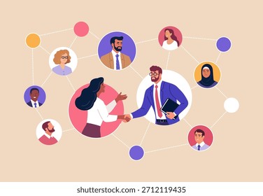Business Networking. Vector illustration of diverse professionals connected in a network, shaking hands and building partnerships. Concept of communication, collaboration and business relationships.