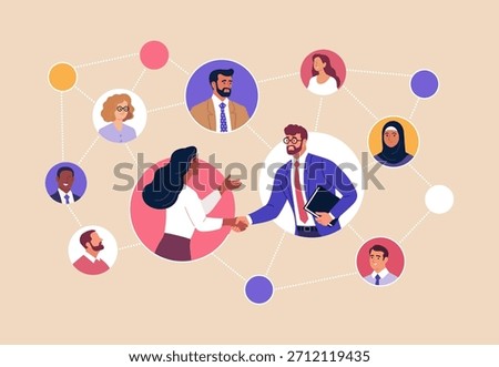 Business Networking. Vector illustration of diverse professionals connected in a network, shaking hands and building partnerships. Concept of communication, collaboration and business relationships.
