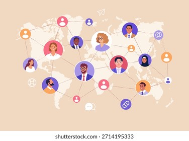 Redes de negocios. Ilustración vectorial de una red global de negocios con diversas personas conectadas en todo el mundo. Concepto de comunicación, alianzas y conexiones en línea.
