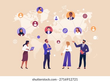 Business Networking. Vector illustration of global business team connected through digital network over world map. Concept of communication, international cooperation, and professional relationships.