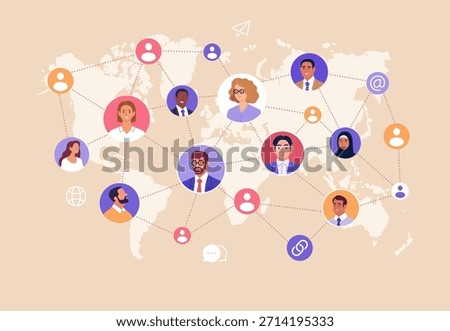 Business Networking. Vector illustration of a global business network with diverse people connected across world map. Concept of communication, partnerships, and online connections.