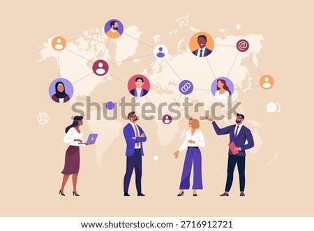Business Networking. Vector illustration of global business team connected through digital network over world map. Concept of communication, international cooperation, and professional relationships.