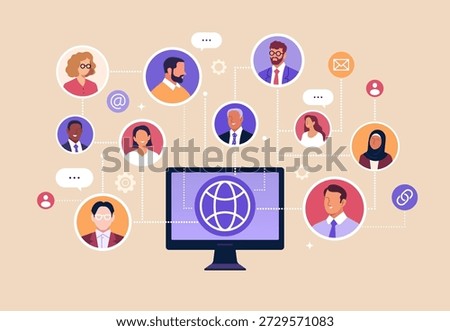 Business Networking. Vector illustration of online professional network with diverse people connected through digital platform. Concept of communication, remote collaboration, and global connections.