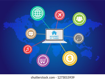 Business Networks Connections, Abstract Cloud Computing and Global World Map and Notebook, Vector